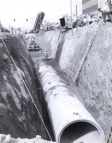 Example of traditional stormwater system, an 84” pipe installed down the center of Main Street in Mesa in 1968. 