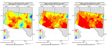 Example Grass-Cast maps for the Southwest (made on August 11, 2020), which estimate peak standing biomass (lbs/acre), compared to an area’s historical (36- yr) average, for the summer growing season under three different precipitation scenarios: Above Normal (left), Near Normal (center), or Below Normal (right)